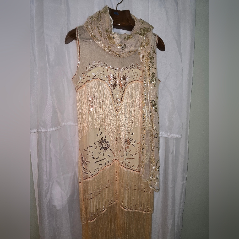 Fringe Dress with Floral Embroidery And Scarf Sweetv XL Party Costume Feastive - Picture 4 of 8